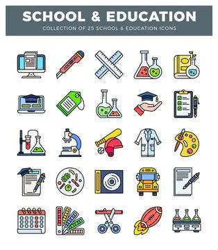Flat education icons set on white background. Digital tools. science equipm.. Stock Illustration