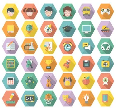 Flat education icos in hexagons Stock Illustration