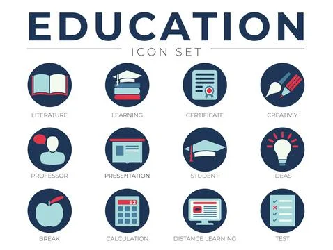 Flat Education School Icon Set. Literature, Learning, Certificate, Creativity Stock Illustration
