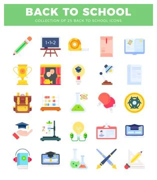 Flat educational icons for back to school with learning and science symbols. Stock Illustration