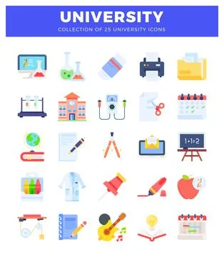 Flat educational icons collage. University symbols on white background. Illustrazione stock