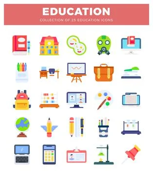Flat educational icons collection with school supplies and science equipment イラスト素材