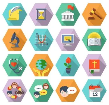 Flat educational icons of different subjects in hexagons Illustrazione stock