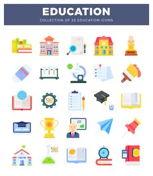 Flat educational icons in a grid layout. featuring schools. books. and scie.. イラスト素材