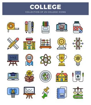Flat educational icons with learning tools and college symbols. Stock Illustration