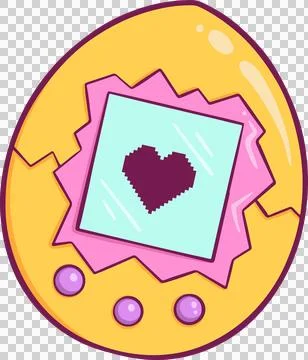 Flat egg shaped toy is showing pixel heart, purple buttons on blue screen, Stock Illustration