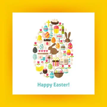 Flat Egg Shaped Vector Set of Happy Easter Objects over white Paper 库存插图