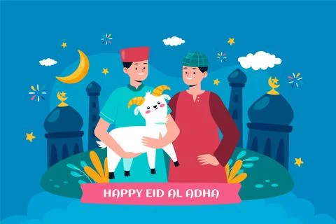 Flat eid al-adha background with people holding goat Stock Illustration