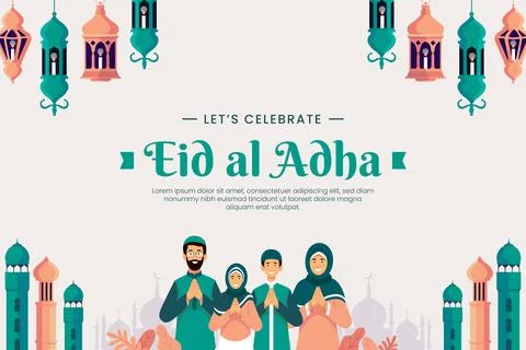 Flat eid al-adha background with people praying and lanterns Stock Illustration