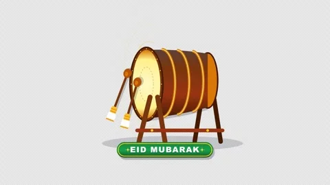 Flat Eid Mubarak Bedug Drum Stick Beating with Golden Sparkles and Traditional Vídeos de archivo 347662077