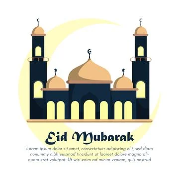 Flat Eid Mubarak with mosque and text background Stock Illustration