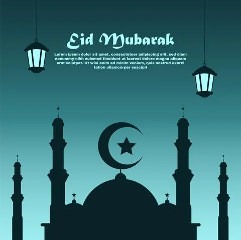 Flat Eid Mubarak with silhouette mosque islamic background Stock Illustration