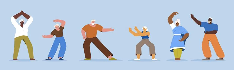 Flat elderly people doing physical exercising Stock Illustration