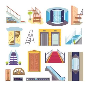 Flat elevator stairs collection, vector illustration. Cartoon step stairs and Stock Illustration