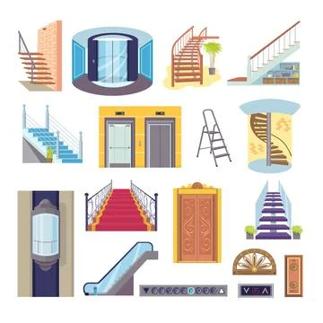Flat elevator stairs collection, vector illustration. Cartoon step stairs and Stock Illustration