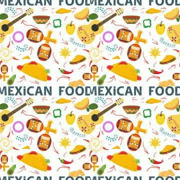 Flat endless seamless pattern on the theme of Mexican food guitar maracas lim Stock Illustration