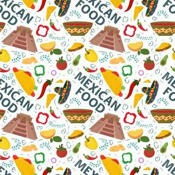 Flat endless seamless pattern on the theme of Mexican food pyramid of Indians Stock Illustration