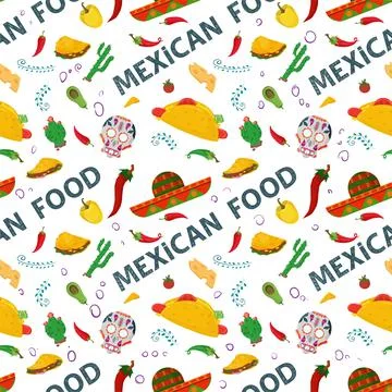 Flat endless seamless pattern on the theme of Mexican food Red and green hot Stock Illustration