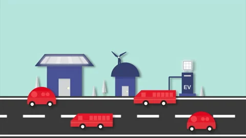 Flat environmental scene with mountain, house, car and road. Stock Footage 157570391