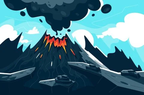 Flat erupting volcano with red flame and smoke. Illustrazione stock
