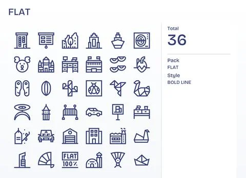 Flat Essential Vector Set including 36 Pixel Optimized Bold Line 128x128 Icon Stock Illustration