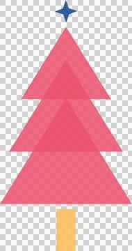 Flat evergreen tree is showing pink triangles, blue star and yellow trunk on Stock Illustration