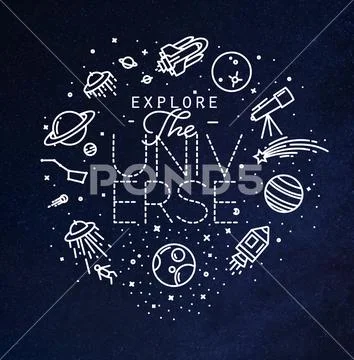 Flat explore universe monogram blue Stock Illustration