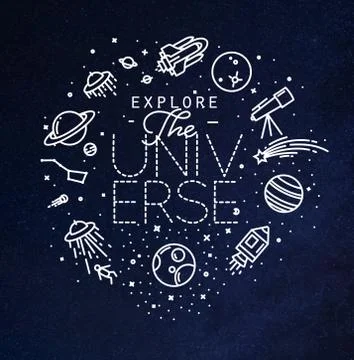 Flat explore universe monogram blue Stock Illustration