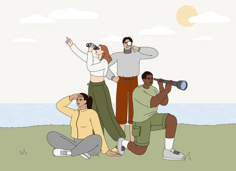 Flat explorers in nature landscape searching or exploring new opportunities Stock Illustration
