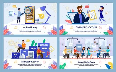 Flat Express Education, Online Library, Cartoon. Set Student Dining Room, Onl Illustrazione stock