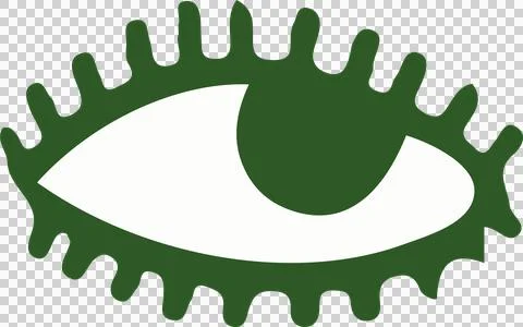Flat eye icon showing jagged green border, white shape, pupil on transparent Illustrazione stock