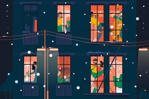 Flat facade view windows with young funny man and woman on holiday. Stock Illustration