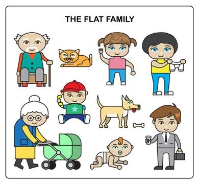 Flat family. Colorful illustration with whole family. Vector. Stock Illustration