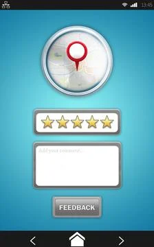 Flat feedback UI is showing map pin, star rating, comment box and button on b Stock Illustration
