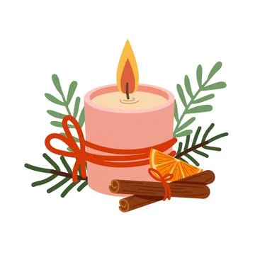 Flat festive candle decorated with a spruce branch and cinnamon sticks. Stock Illustration