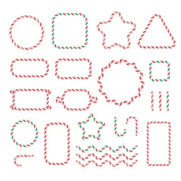 Flat festive candy cane frames and borders set. Red, green and white swirl Stock Illustration