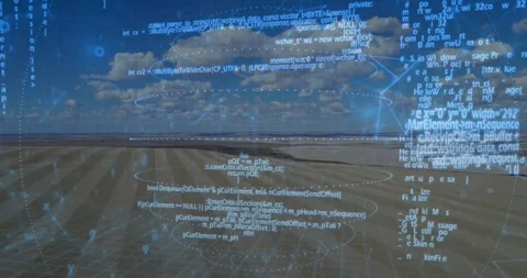 Flat field and HUD overlay responding to scan, growing code streams to visualize Stock Footage 330509242