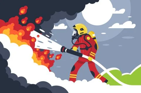 Flat fire fighting man puts out fire. Stock Illustration