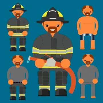 Flat firefighter character. Fireman kit uniform construction Illustrazione stock