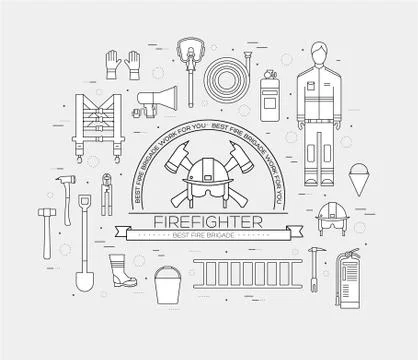 Flat firefighter uniform and first help equipment set and instruments. On flat Stock Illustration