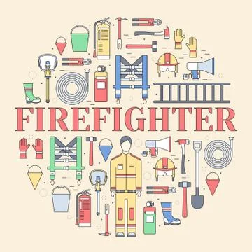 Flat firefighter uniform and first help equipment set and instruments. On flat Stock Illustration