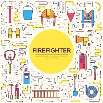 Flat firefighter uniform and first help equipment set and instruments. On style Stock Illustration