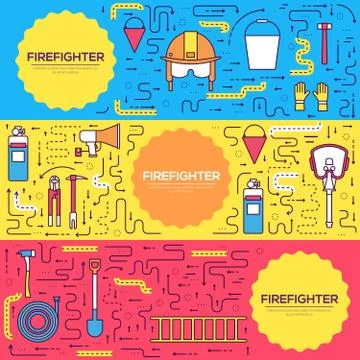 Flat firefighter uniform vector brochure cards thin line set. first help Illustrazione stock