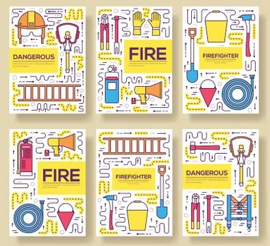 Flat firefighter uniform vector brochure cards thin line set. first help Stock Illustration