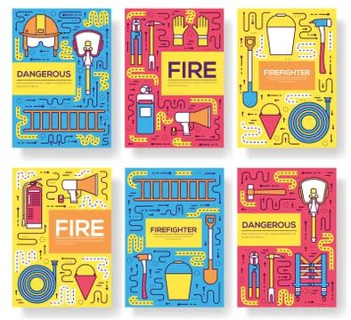 Flat firefighter uniform vector brochure cards thin line set. first help Stock Illustration