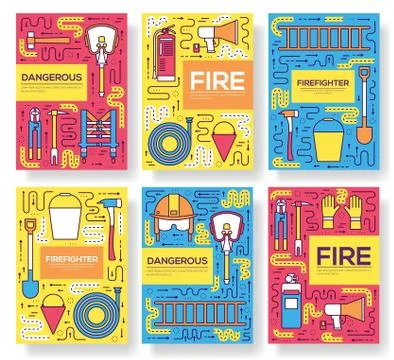 Flat firefighter uniform vector brochure cards thin line set. first help Stock Illustration