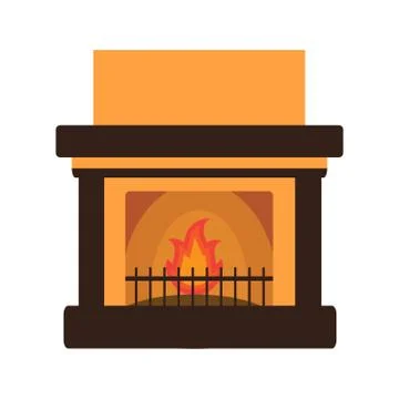 Flat fireplace with the burning firewood.Isolated on white background. Stock Illustration