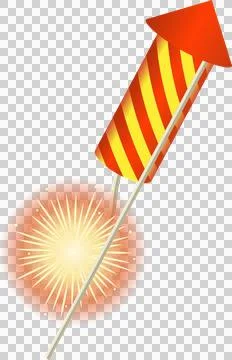 Flat firework rocket is launching diagonally on stick and bursting sparks on Stock Illustration