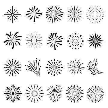 Flat fireworks black clipart. Exploding firework, celebration simple circle Stock Illustration