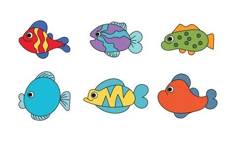 Flat fish set icon isolate white. The colorful inhabitants of the ocean are f Stock Illustration